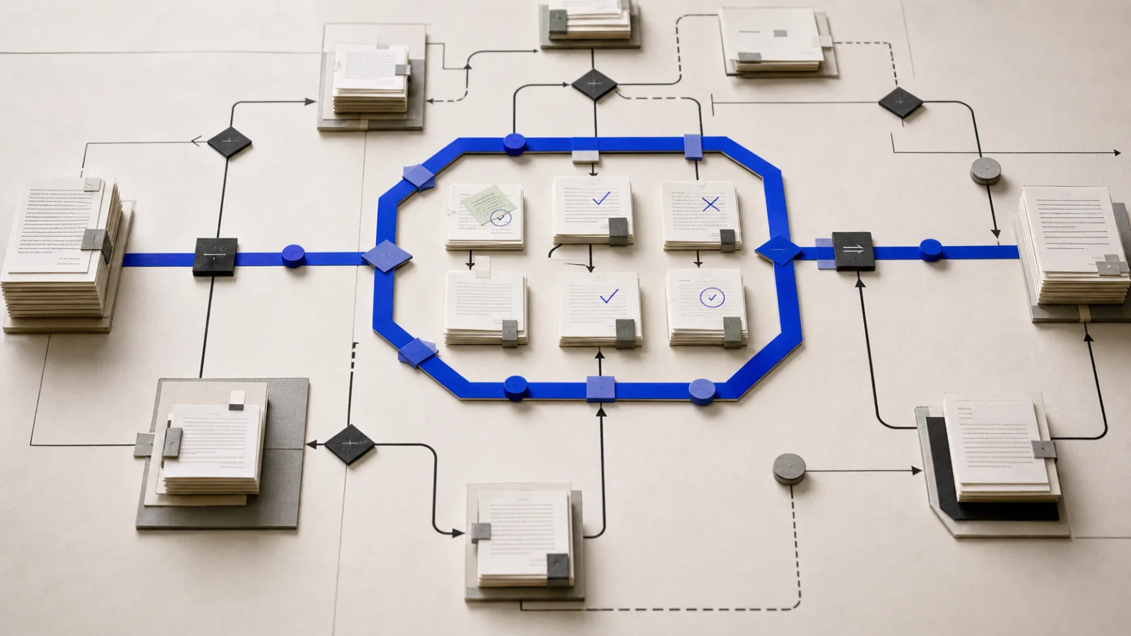 Overhead editorial still life of a blue automated workflow looping through paper records and repeated review steps.